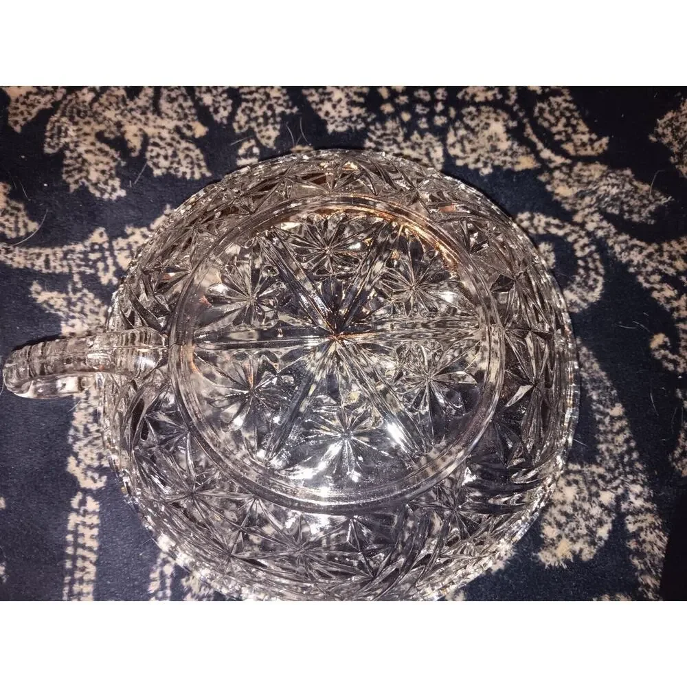 Vintage Cut Glass Dish W Handle 6” X 6”